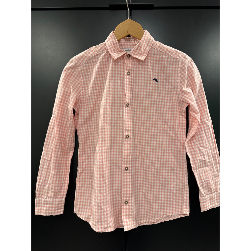 Tommy Bahama Boys XL 14 Peach Gingham Check Long Sleeve Button Down Cotton Shirt